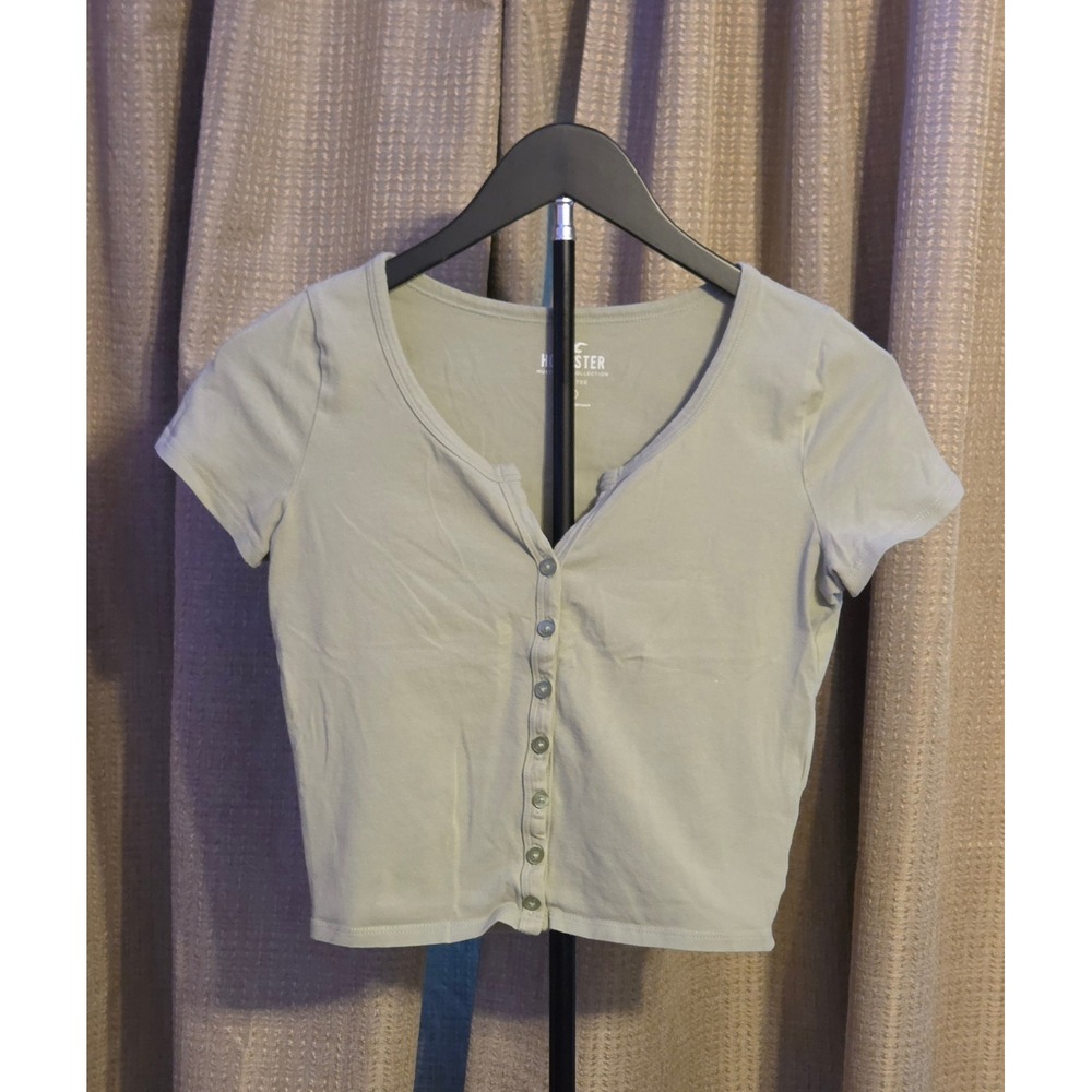 Hollister Baby Tee Button Up Short Sleeve Cropped Shirt Women's Size Small Green